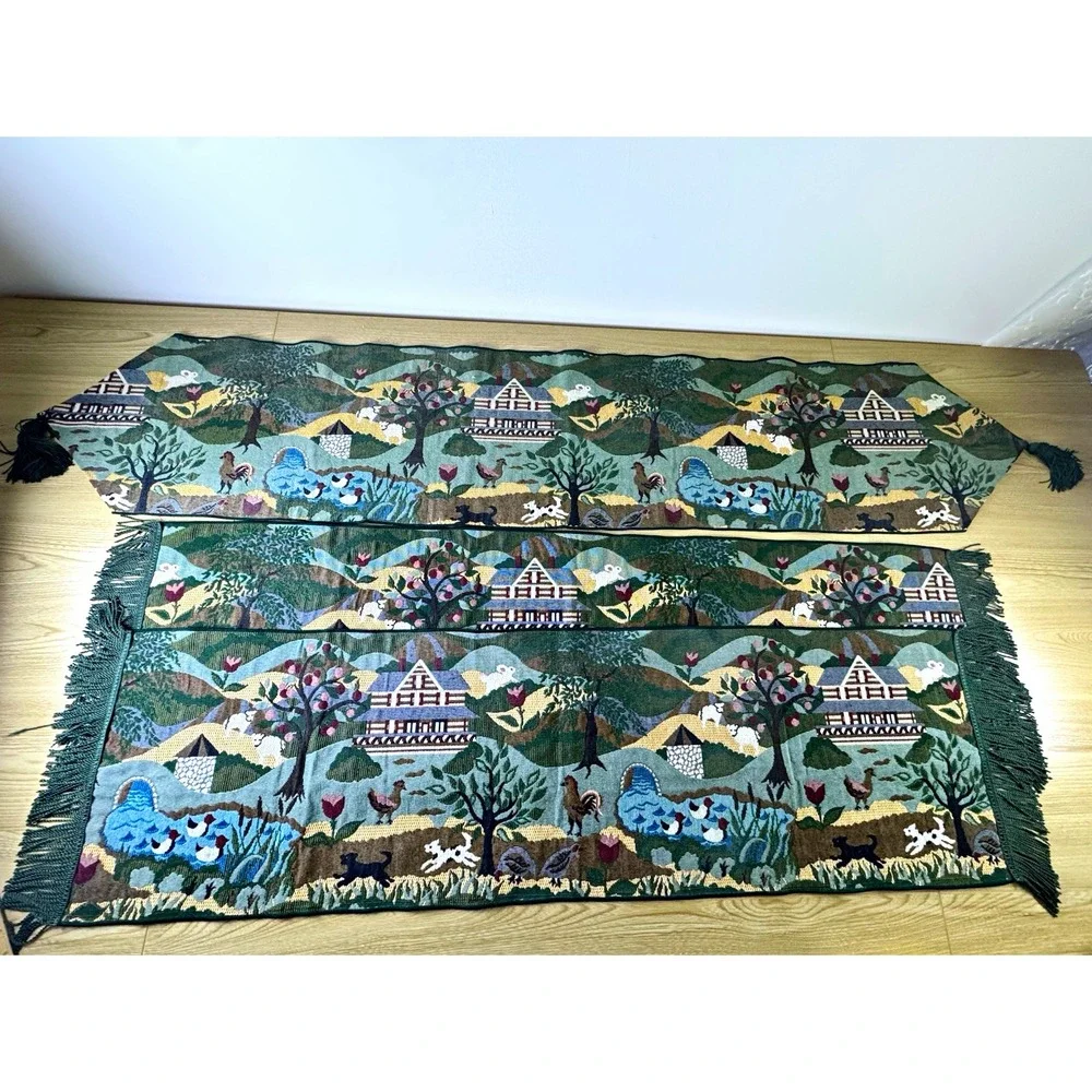 Green Tapestry Table Runner Fringed Tasseled Farm Life Animals Country 3 Pc